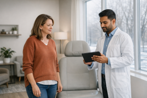 Adult patient speaking with a clinician in a bright modern Edmonton clinic.