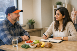 Patient discussing nutrition goals with a dietitian in a bright modern clinic
