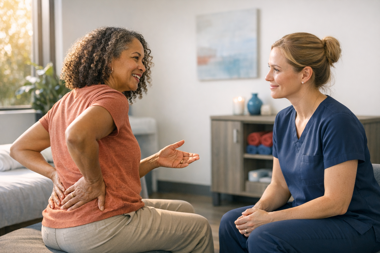 Client discussing lower back discomfort with a massage therapist in a bright clinic