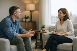 Adult speaking with a psychologist in a calm, naturally lit consultation room.