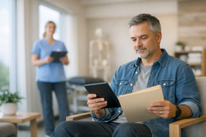 Patient reviewing appointment information in a modern Edmonton physiotherapy clinic.