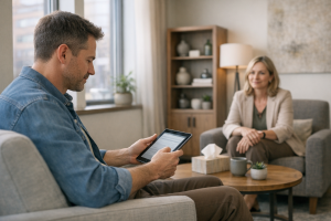 Adult reviewing psychology appointment information in a calm, modern clinic