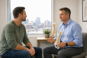 Adult discussing low back pain with a chiropractor in a bright modern clinic.