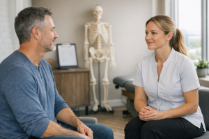 Patient speaking with a chiropractor in a bright modern clinic