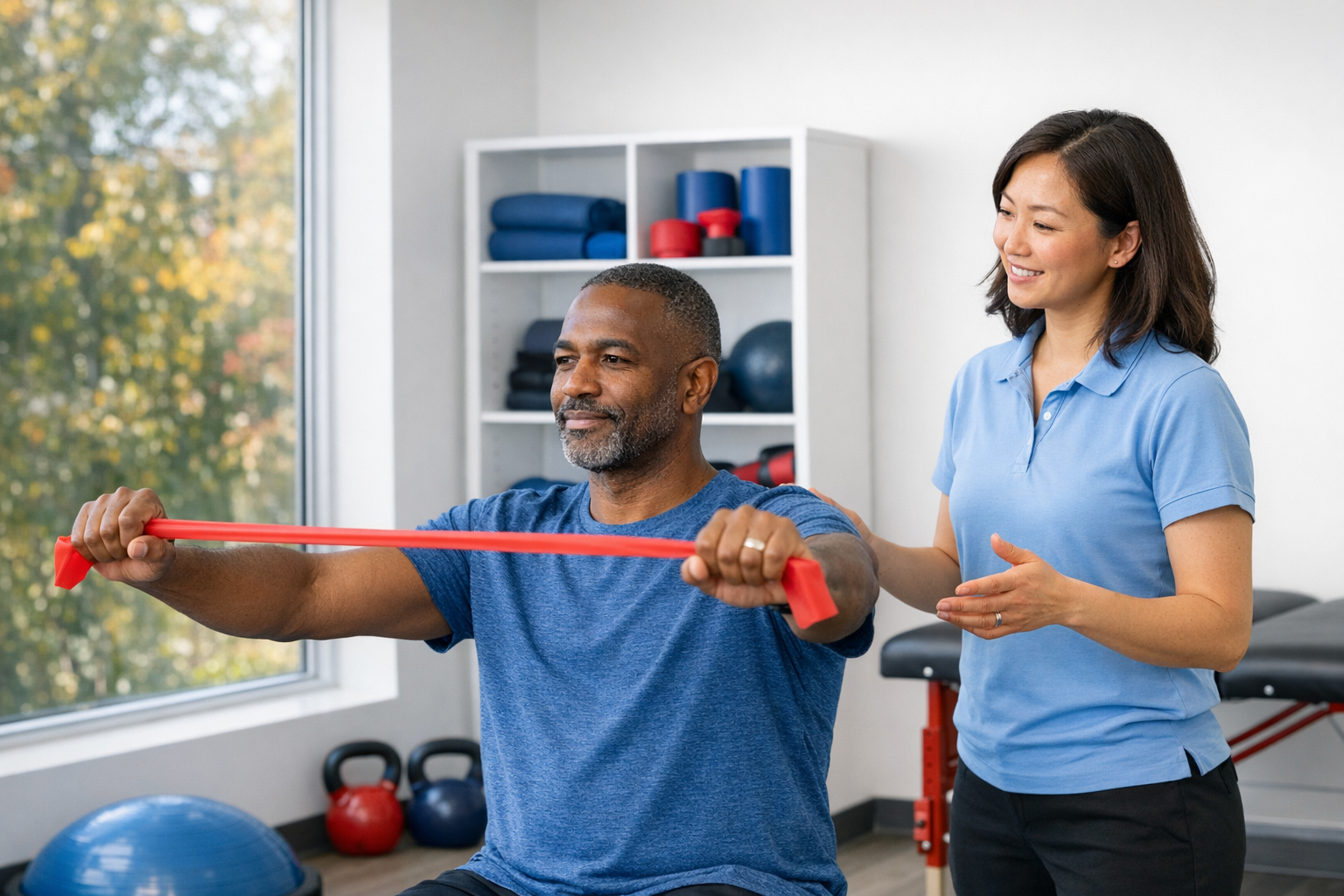 Adult completing a guided shoulder exercise with a physiotherapist in a bright clinic.