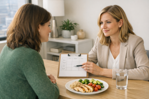 Dietitian and adult patient reviewing a food and symptom journal in a bright clinic