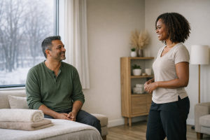Patient and massage therapist talking in a bright modern clinic treatment room