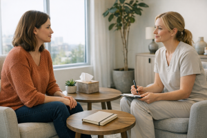 Patient discussing recurring headaches with a healthcare professional in a bright modern clinic.