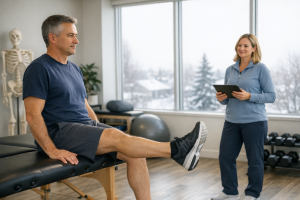 Adult performing a knee-strengthening exercise in a modern physiotherapy clinic