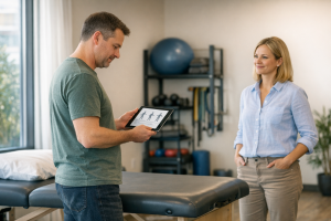 Adult discussing a lower back movement plan with a physiotherapist in a bright modern clinic.