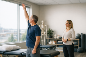 Physiotherapist observing an adult performing a shoulder movement in a modern clinic