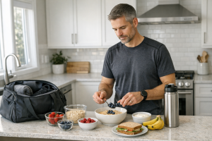 Active adult preparing workout snacks and water in a bright home kitchen