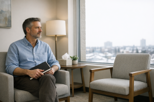Adult sitting thoughtfully in a calm, naturally lit psychology consultation room.