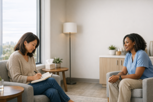 Patient reviewing a headache diary during a calm clinic consultation