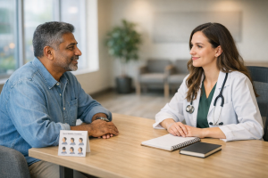 Patient discussing neck pain concerns with a clinician in a modern Edmonton clinic