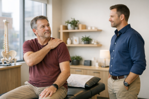 Adult discussing shoulder discomfort with a chiropractor in a modern clinic