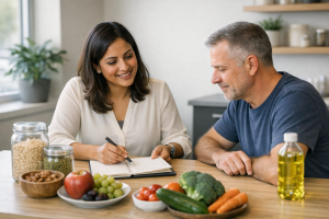 Dietitian and patient discussing meal planning with fibre-rich foods on the table