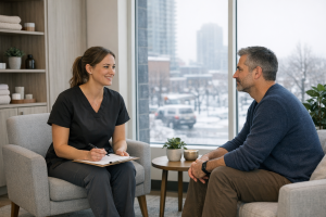 Patient discussing post-accident massage therapy with a clinician in a modern Edmonton clinic.