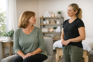 Adult discussing neck stiffness with a massage therapist in a bright modern clinic