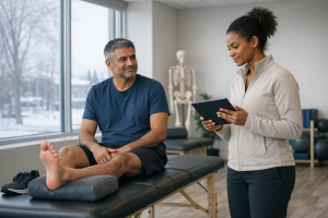 Adult with a supported ankle speaking with a physiotherapist in a modern clinic