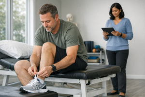 Adult preparing a running shoe in a bright modern physiotherapy clinic