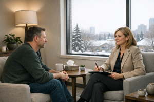 Adult speaking with a psychologist in a calm, naturally lit clinic office.