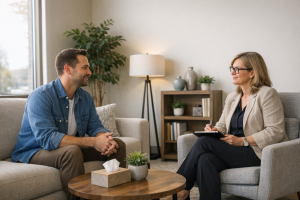 Adult speaking with a psychologist in a calm, naturally lit clinic room.