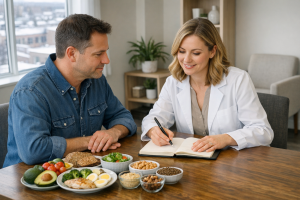 Adult discussing practical meal planning with a dietitian in a bright modern clinic