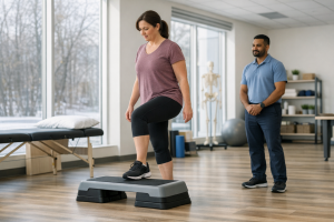 Patient performing a controlled step exercise during ACL rehabilitation in a modern physiotherapy clinic