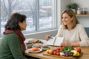 Dietitian and adult patient discussing a balanced meal plan in a bright clinic.