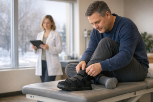 Adult putting on a walking shoe in a bright modern clinic