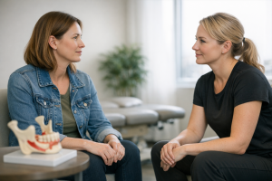 Adult discussing jaw discomfort with a massage therapist in a bright modern clinic.