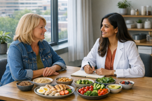 Midlife adult discussing balanced meal planning with a dietitian in a modern clinic